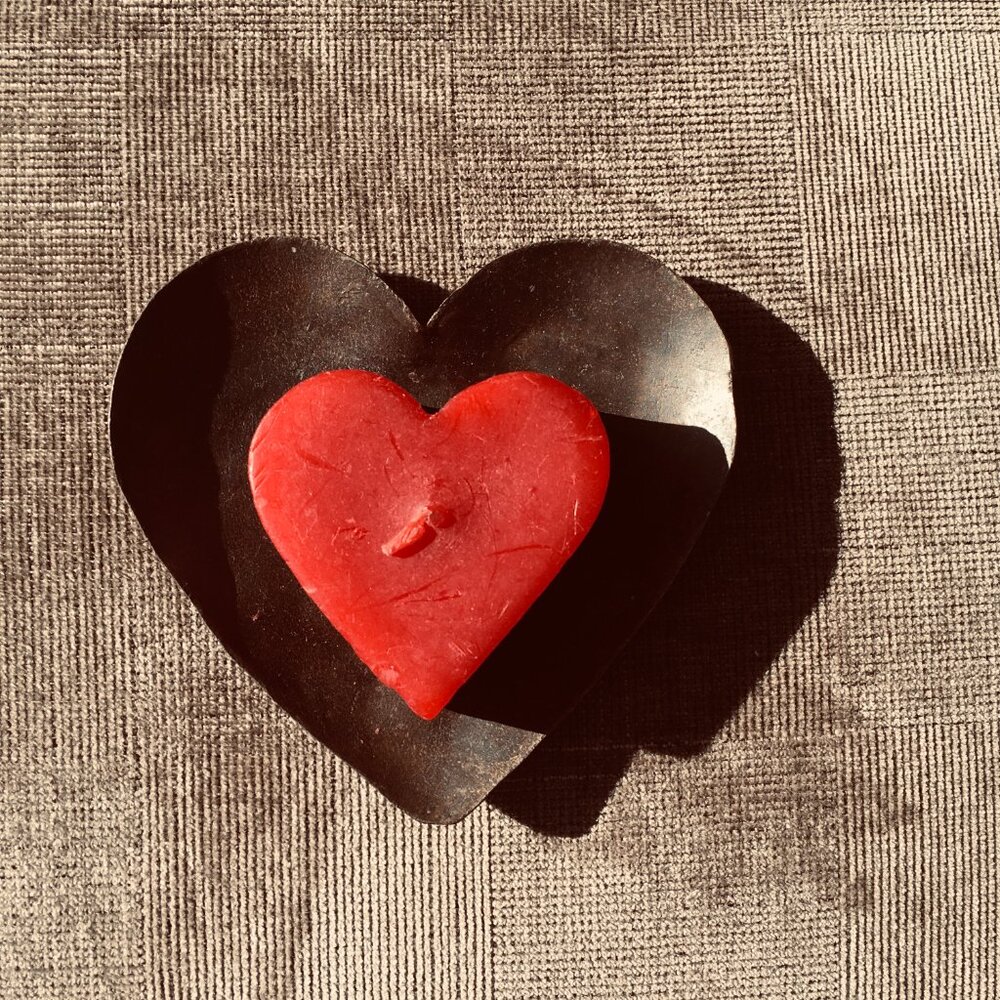Heart Tray Dish with Heart Candle: Forged and Hammered  Metal Heart Valentine
